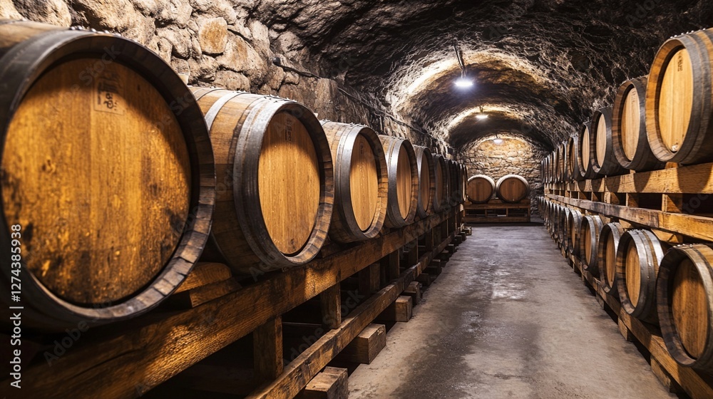 Traditional wine cellar with rows of wooden oak barrels stacked in old stone tunnel with arched ceiling and dramatic lighting creating atmospheric scene for wine aging process Traditional wine cellar with rows of wooden oak barrels stacked in old stone tunnel with arched ceiling and dramatic lighting creating atmospheric scene for wine aging process