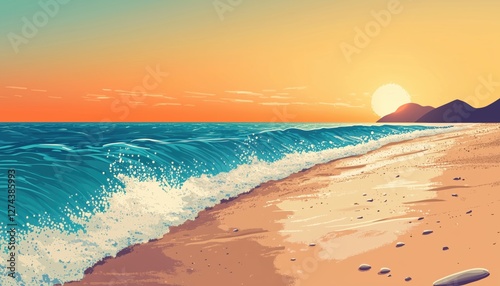 Hand-Drawn Water On A Summery Beach Captured In A Picturesque Scene. The Artwork Depicts A Serene And Calming Atmosphere Perfect For Relaxation.