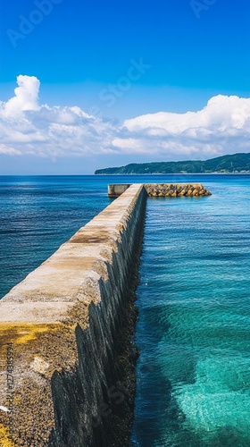 Concrete breakwater pier stretching into crystal clear turquoise Mediterranean waters on sunny summer day, with white fluffy clouds and coastal mountains in background.