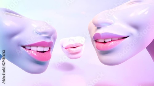 Surreal Floating Smiling Faces – Futuristic 3D Digital Art - vaporwave futuristic pastel colors 3d render