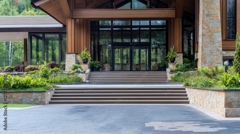 Fototapeta premium The entrance of a luxurious mountain resort features inviting wooden architecture surrounded by vibrant greenery in tranquil natural light