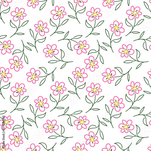 Vintage seamless floral pattern. Liberty style background of small coral pink flowers. Small flowers scattered over a beige background. Stock vector for printing on surfaces. Realistic plant flowers.