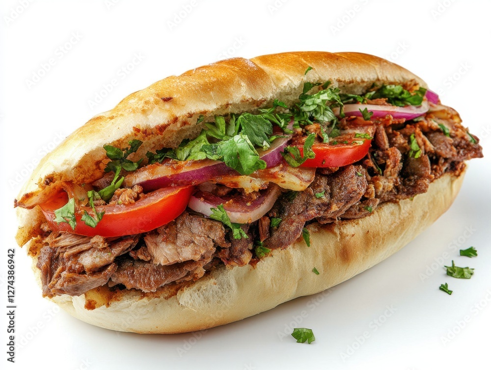 Delicious sandwich with tender meat tomato onion and fresh herbs on a white background studio shot