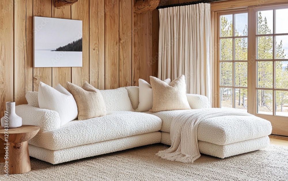 Fototapeta premium Rustic cozy living room featuring a plush boucle sectional in cream tones, reclaimed oak paneling, woven linen curtains, and soft wool pillows.