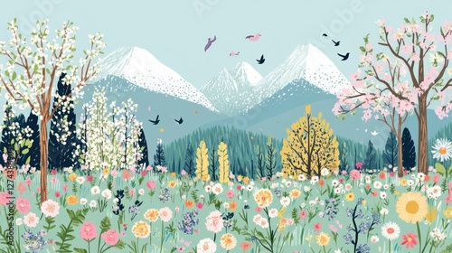 Spring flowers, mountain meadow, birds, blossoming trees. Use nature wallpaper photo