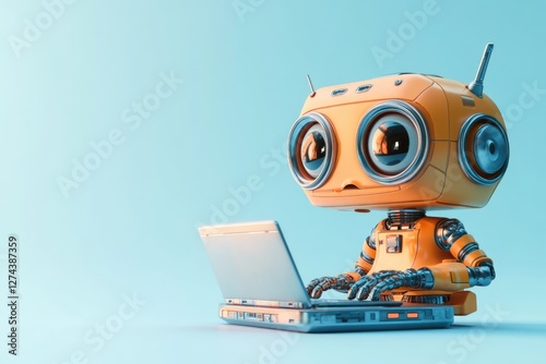 Cute orange robot diligently working on a laptop against a light blue background. photo