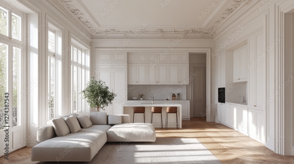 Obraz premium Elegant bright apartment interior showcasing a modern kitchen and comfortable living room with large windows and parquet flooring