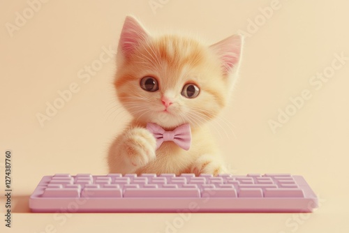 Adorable ginger kitten wearing a pink bow tie types on a pastel keyboard. photo