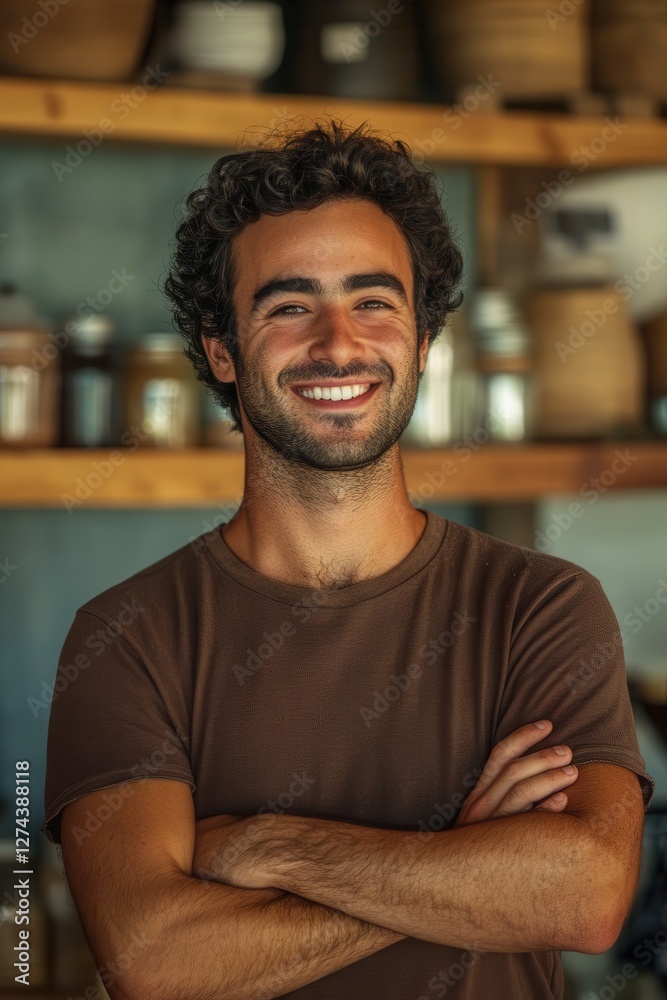Smiling young man in artisan workshop with pottery, showcasing craftsmanship and creativity in a cozy, rustic environment. Perfect for lifestyle and art projects. Smiling young man in artisan workshop with pottery, showcasing craftsmanship and creativity in a cozy, rustic environment. Perfect for lifestyle and art projects.