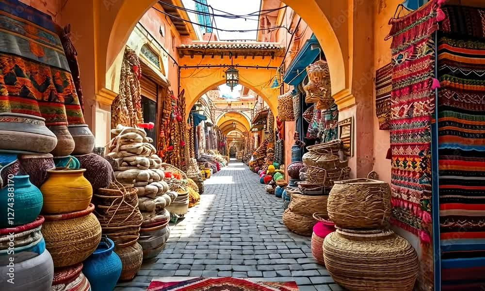 Old narrow street of the traditional Arabian Bazaar Market. Small shops are selling ceramics, carpets, spices fruits and souvenirs