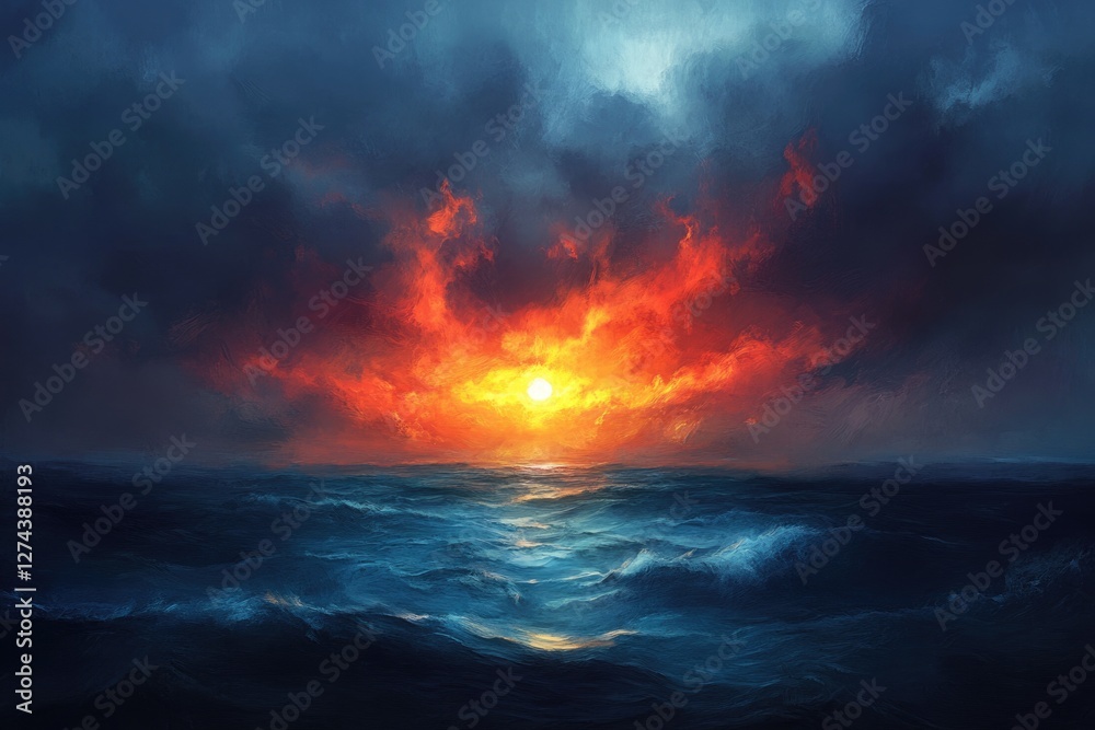 Fiery sunset over a dark, turbulent ocean; dramatic sky and waves.
