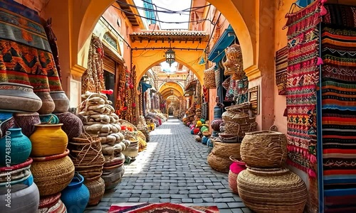 Old narrow street of the traditional Arabian Bazaar Market. Small shops are selling ceramics, carpets, spices fruits and souvenirs