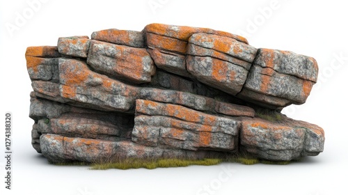 Detailed rock formation with vibrant orange lichen against a clean white backdrop studio shot capturing texture and geological detail photo