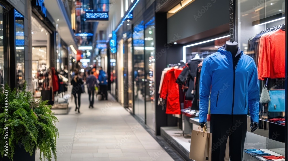 Fototapeta premium Elegant storefronts light up a luxury shopping street at night, featuring stylish pedestrians and a vibrant atmosphere