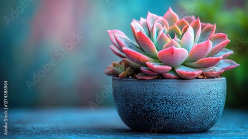 Vibrant succulent plant in a decorative pot against a colorful blurred background