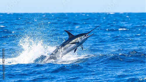 Majestic blue marlin leaping ocean spray around
