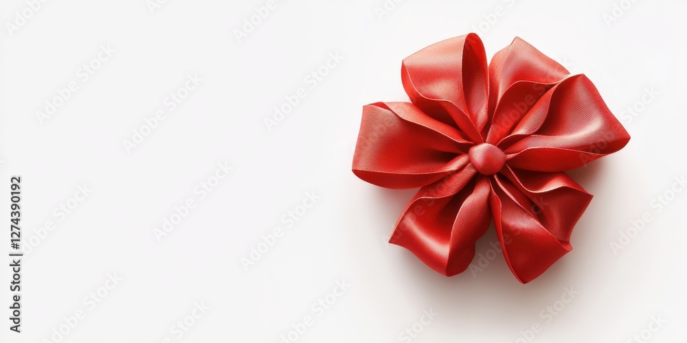 Red ribbon bow placed on a white surface, perfect for gift wrapping or decoration ideas during celebrations Red ribbon bow placed on a white surface, perfect for gift wrapping or decoration ideas during celebrations