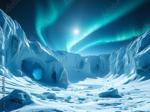 A frozen alien planet with shimmering ice caves, frosty cliffs, and auroras lighting the eternal night sky.