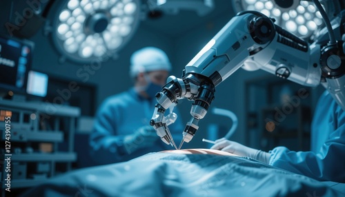 Under the bright surgical lights, an advanced robotic arm meticulously performs a procedure alongside a surgeon in scrubs. The sterile environment showcases innovative technology enhancing healthcare