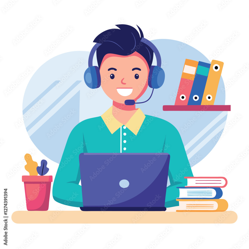 man in headphones, studying at laptop. Happy female student watching business webinar. Video conference call, remote work communication. Flat vector illustration isolated on white background man in headphones, studying at laptop. Happy female student watching business webinar. Video conference call, remote work communication. Flat vector illustration isolated on white background