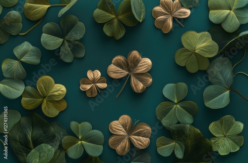Arrange of various clovers on a teal background in natural setting