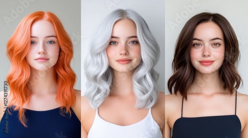 Three women with different hair colors and styles. The first woman has orange hair, the second has gray hair, and the third has brown hair. The women are all smiling and looking at the camera photo