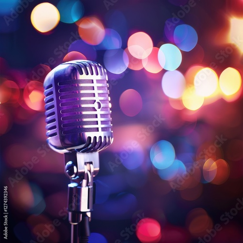 Vintage microphone on stage for live music event with colorful bokeh background, advertisement