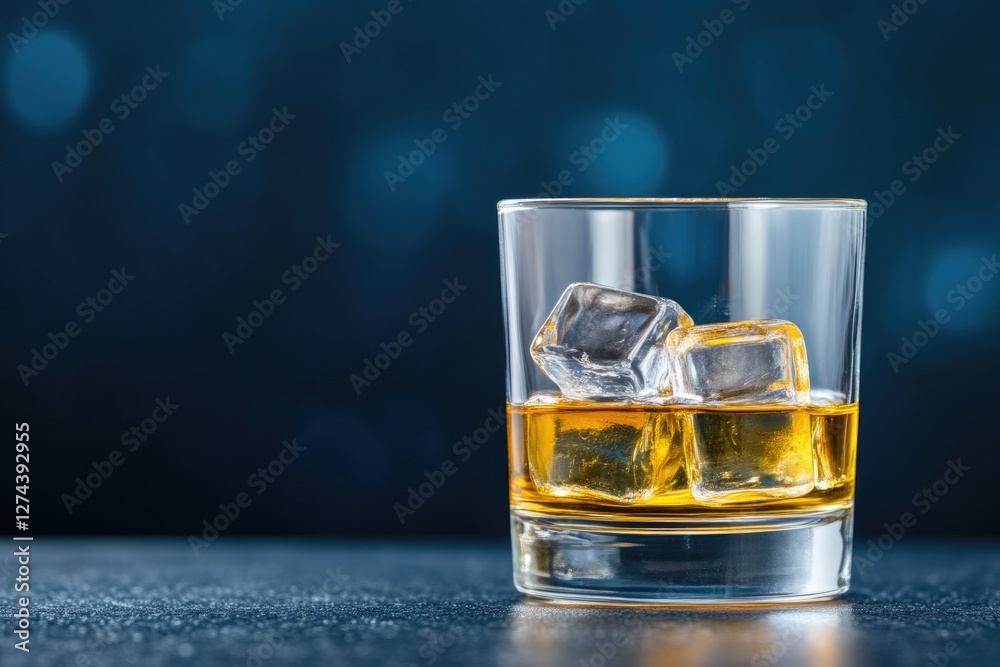 Close Up of Whiskey Glass with Ice Cube on Blue Studio Background Close Up of Whiskey Glass with Ice Cube on Blue Studio Background