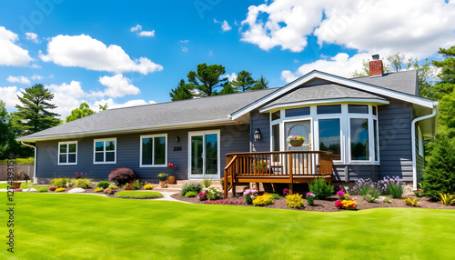 Modern suburban home with a spacious lawn and wooden deck, perfect for real estate, architecture, and lifestyle visuals representing comfortable living. photo