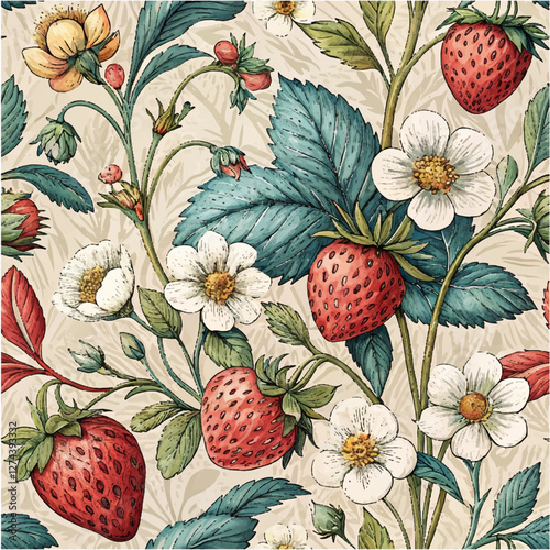 Colorful vintage flower art seamless pattern illustration. Retro nature floral background in hand drawn style. Spring season strawberry decoration texture, nature textile drawing