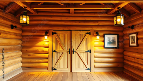 Cozy rustic wooden cabin interior with warm lighting, ideal for architecture photography, cabin design, nature retreats, and vacation rental visuals. photo