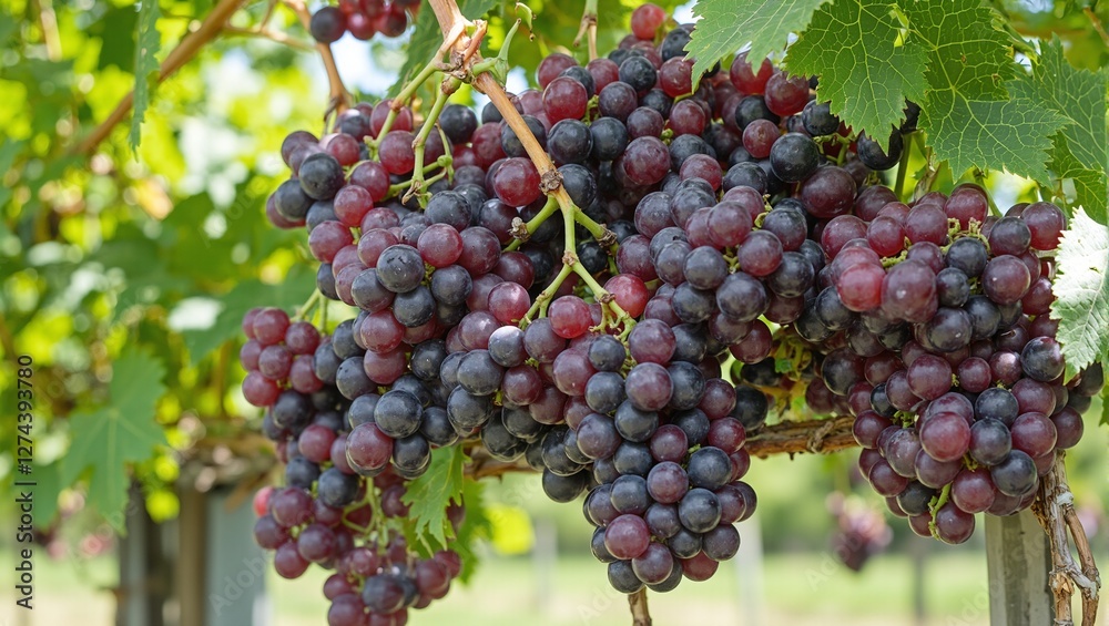 Vibrant purple grapes on vine with glossy green leaves under sunlight Vibrant purple grapes on vine with glossy green leaves under sunlight