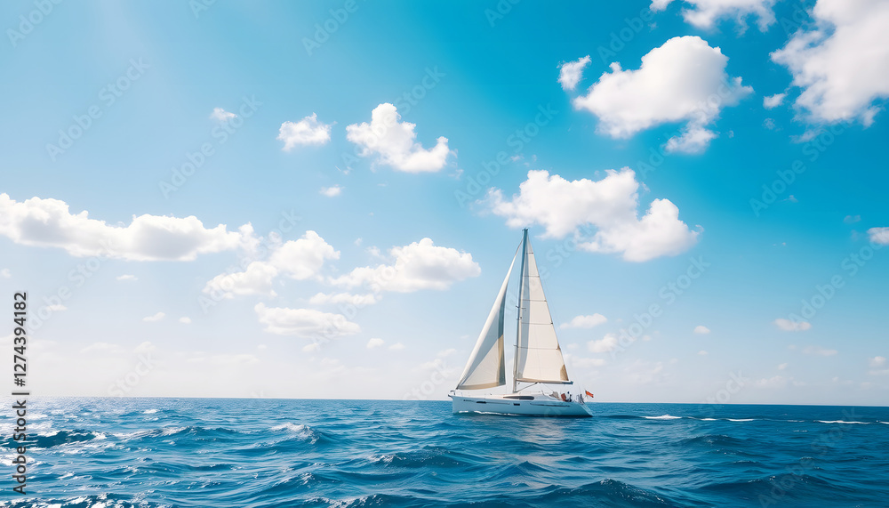 Obraz premium Sailboat on a calm ocean with clear blue skies, perfect for visuals related to sailing, travel, vacation, adventure, or serene seascapes.