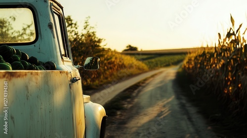 Vintage truck on country road surrounded by cornfields at sunset, perfect for agricultural, rural lifestyle, or seasonal themes in photography. photo