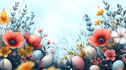 Vibrant spring landscape featuring colorful flowers and decorative eggs against a soft blue background