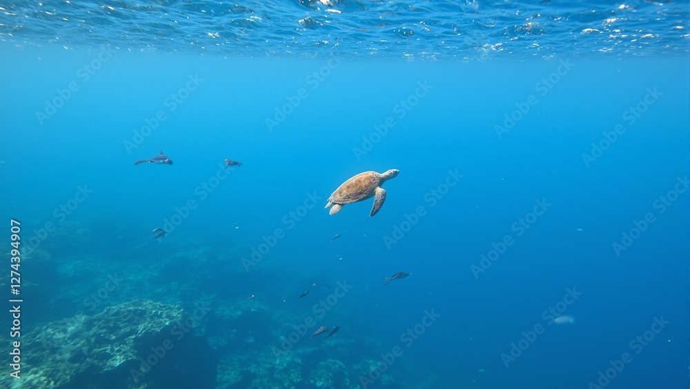 Majestic sea turtle swimming in clear tropical waters with colorful reef backdrop Majestic sea turtle swimming in clear tropical waters with colorful reef backdrop
