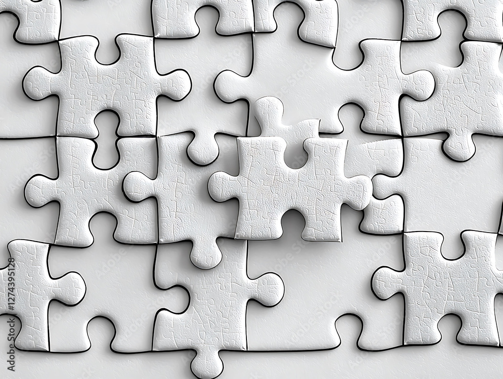 Closeup of a nearly complete white jigsaw puzzle, with one piece subtly out of place. This image evokes concepts of teamwork, problemsolving, and the final stages of a project. Closeup of a nearly complete white jigsaw puzzle, with one piece subtly out of place. This image evokes concepts of teamwork, problemsolving, and the final stages of a project.