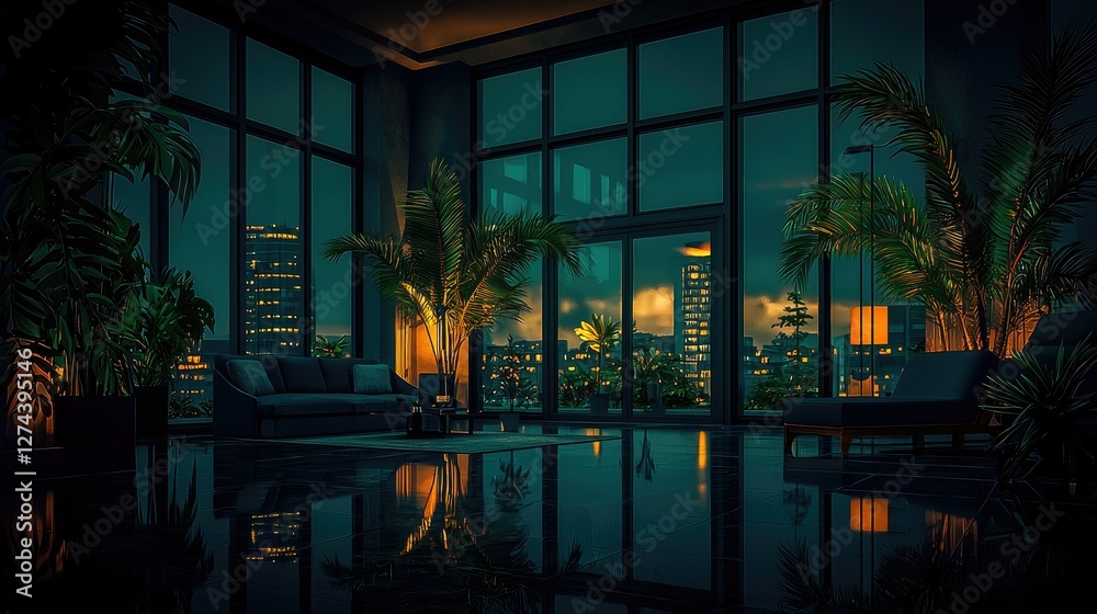 Fototapeta premium Nighttime City View from Luxurious Apartment Living Room