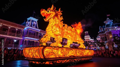 Grand festival parade with dancers in elaborate costumes urban streets event overview nighttime setting spectacular celebration