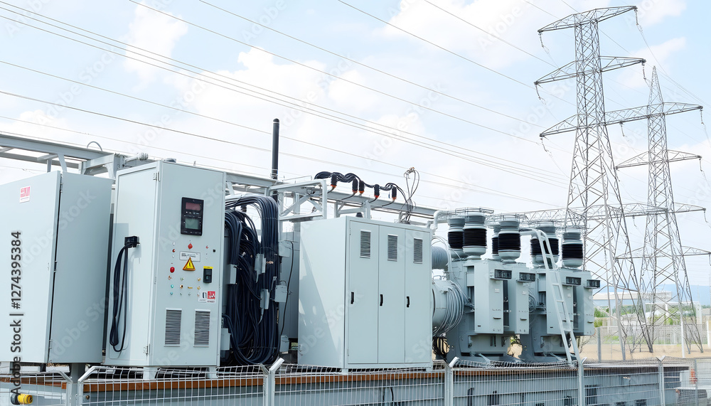 Electrical power transformers in an industrial energy station, ideal for industrial photography, electrical infrastructure, energy production, and engineering concepts Electrical power transformers in an industrial energy station, ideal for industrial photography, electrical infrastructure, energy production, and engineering concepts