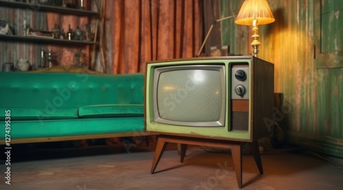 Vintage TV on stand, lamp lit, in a cozy retro living room with corrugated metal wall