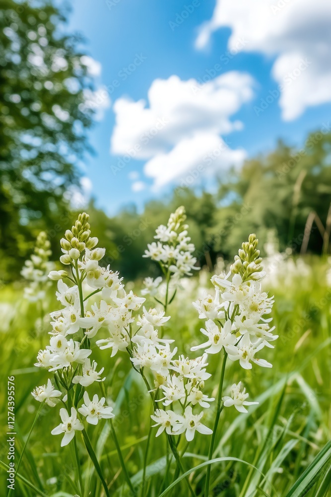 White wildflowers in lush green grass under a bright blue sky with fluffy clouds in a serene nature landscape White wildflowers in lush green grass under a bright blue sky with fluffy clouds in a serene nature landscape