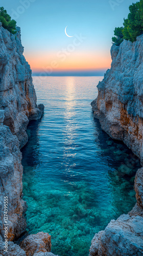 A breathtaking coastal cove with turquoise waters, framed by rocky cliffs, under a serene sunset sky with a crescent moon reflecting on the sea