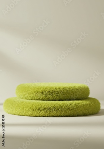 A vibrant green podium with a soft, furry texture is presented on a neutral backdrop. This unique structure is perfect for showcasing products or awards
