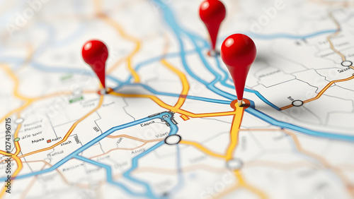 3D map with red location pins marking destinations, symbolizing navigation, travel, and modern location-based services for finding routes and exploring places photo