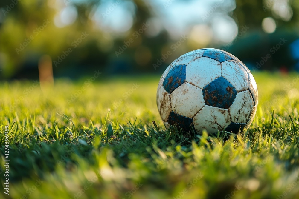 Fototapeta premium Worn soccer ball in vibrant green field at sunset