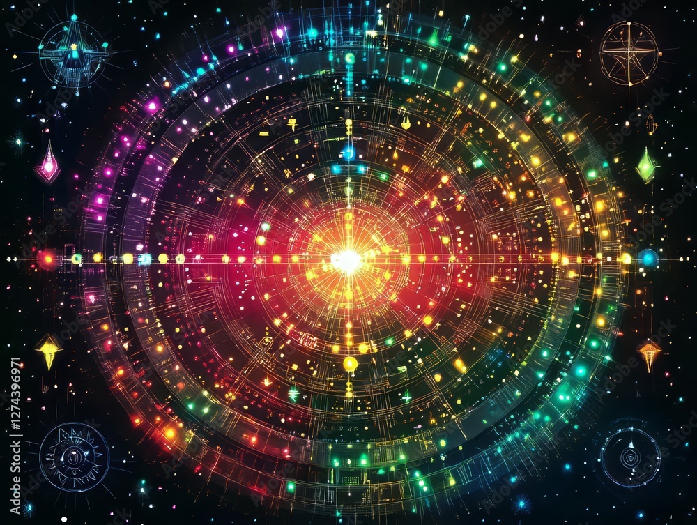 Obraz premium Cosmic portal: Vibrant concentric circles emanating from a central light source.