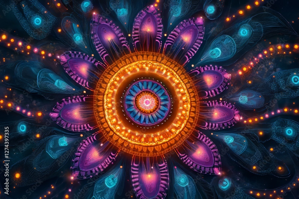 Fototapeta premium Vibrant abstract flower with intricate patterns radiating from a central focal point.