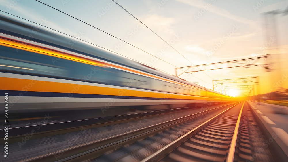 High-speed bullet train moving along the railway tracks at sunset, representing modern transportation, speed, and future travel technology in action. High-speed bullet train moving along the railway tracks at sunset, representing modern transportation, speed, and future travel technology in action.