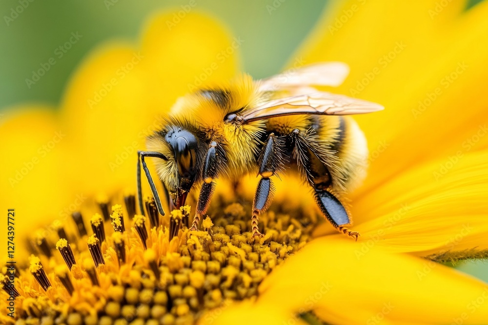 Close-up of a bumblebee pollinating a vibrant yellow flower Close-up of a bumblebee pollinating a vibrant yellow flower
